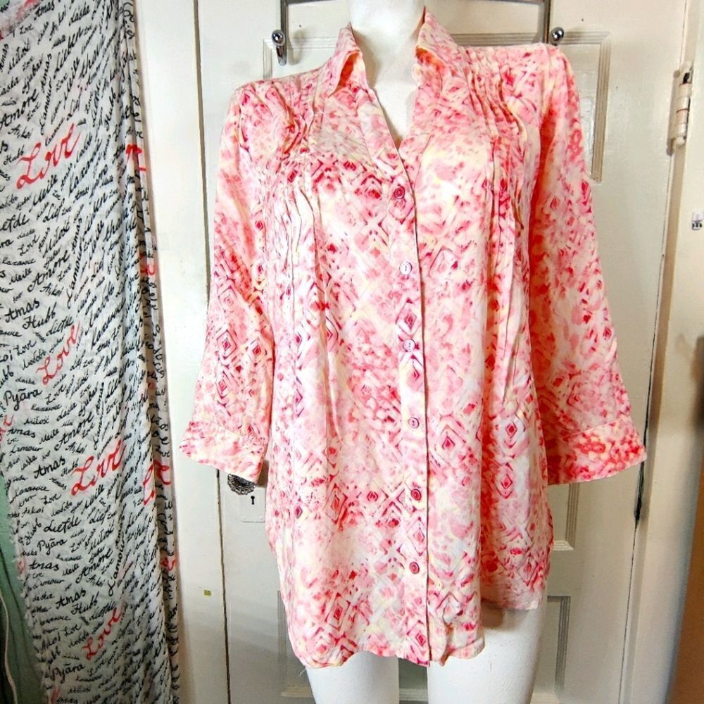 Light & Flowy Top 3/4 Sleeve Button Down Cotton Blouse Gloria Vanderbilt  Sz S